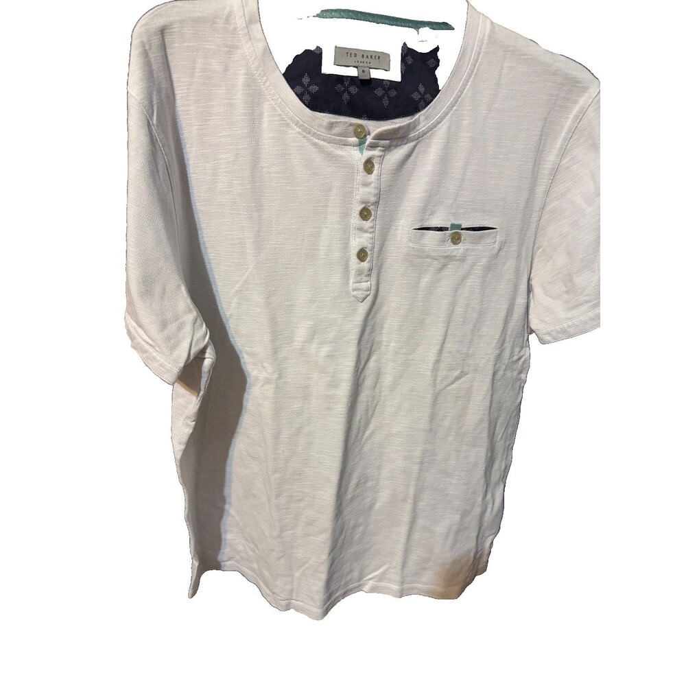 Ted Baker London Polo Shirt Henley  Sz 6 Short Sleeve Cotton White Solid XXL